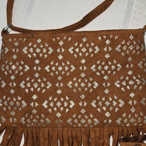 "Justice" Girls Brown Suede Fringe Crossbody Purse with Silver Pattern - NWOT - Picture 7 of 8